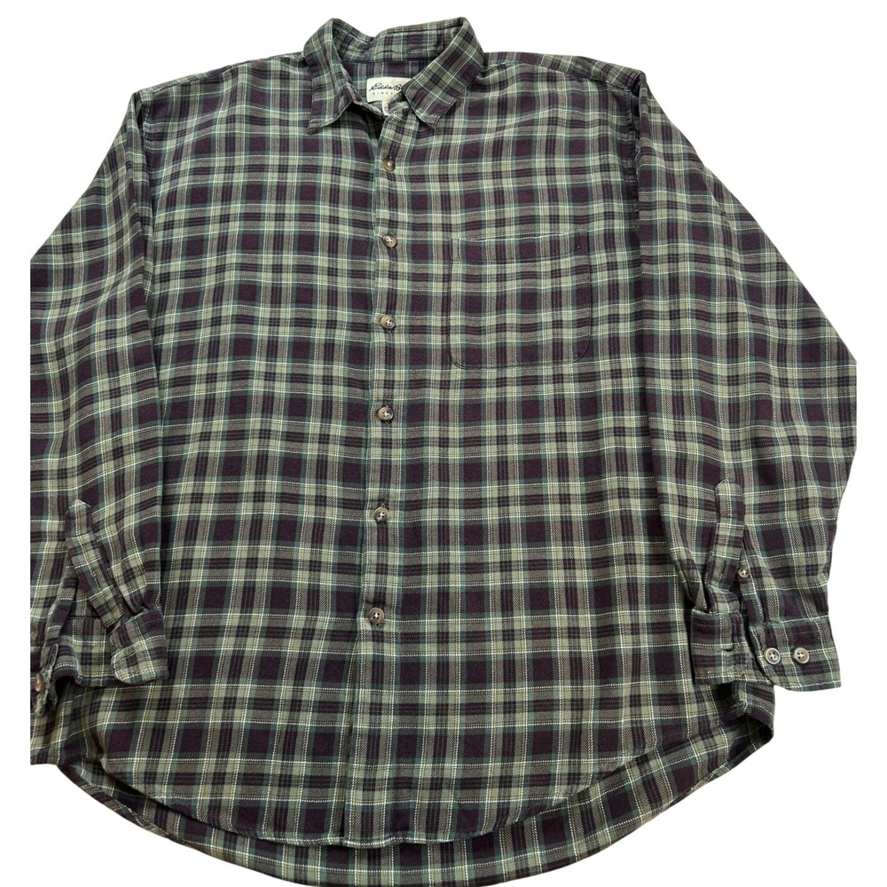 Eddie Bauer Mens Long Sleeve Plaid Flannel Shirt‎ Large Green Burgundy Cotton